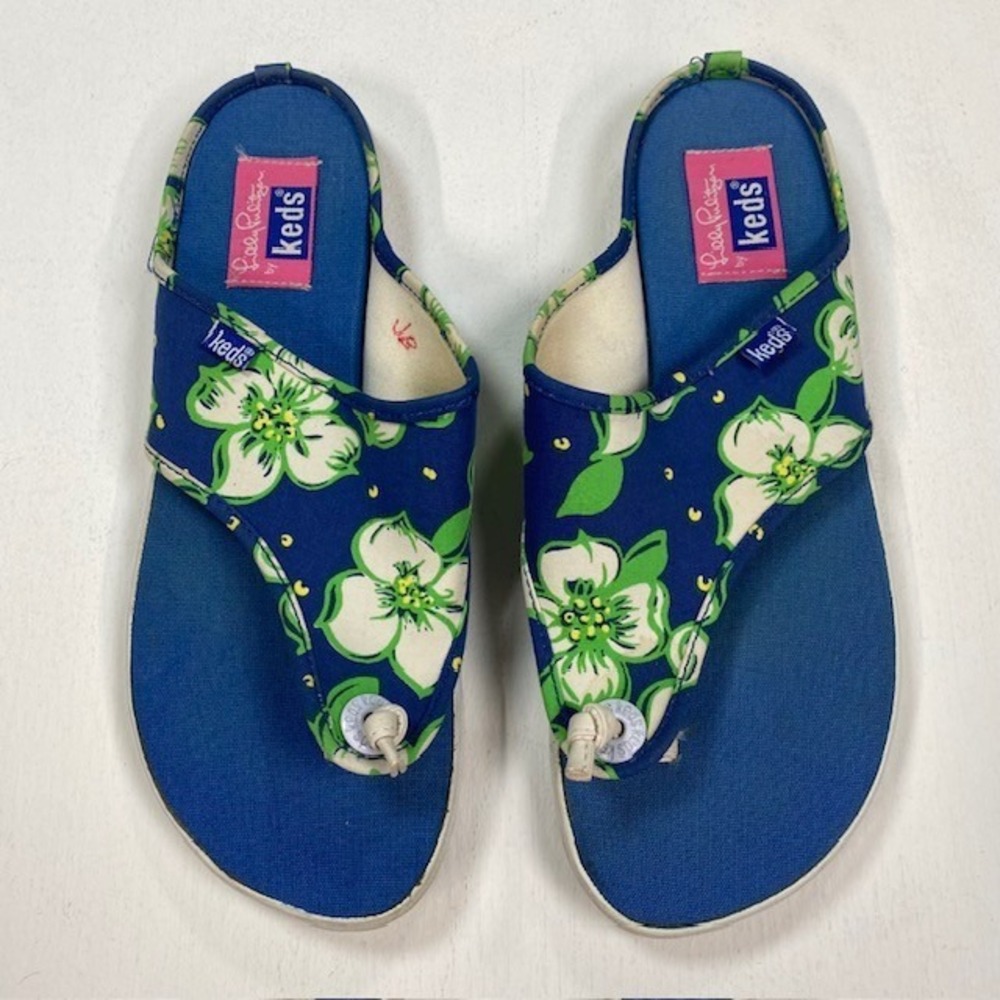 Lilly Pulitzer x Keds Womens Blue Floral Canvas Thong Sandals WF-7532M‎ Size 7.5